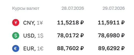 Официальный курс на 29 июля: доллар — 78,7 ₽, евро — 89,63 ₽, юань — 11,59 ₽. Для доллара это максимум с 8 апреля. По курсу Центробанка проходят расчеты по ряду финансовых инструментов.