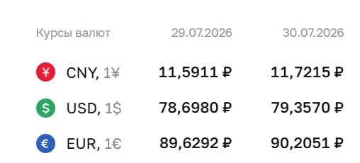 Официальный курс Центробанка на 30 июля: доллар — ₽79,36; евро — ₽90,21; юань — ₽11,72. Доллар не был выше ₽79 с 4 апреля.