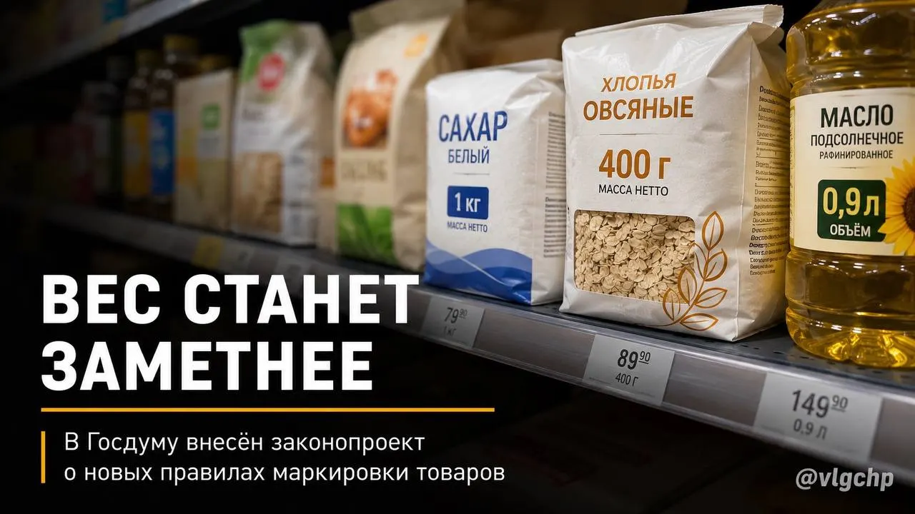 В Госдуму внесён законопроект: вес и объём продукции должны быть указаны крупным шрифтом на лицевой стороне упаковки. При сокращении содержания товара упаковку предлагают тоже уменьшать, а на ценниках — закрепить минимальный размер информации о весе и объёме.