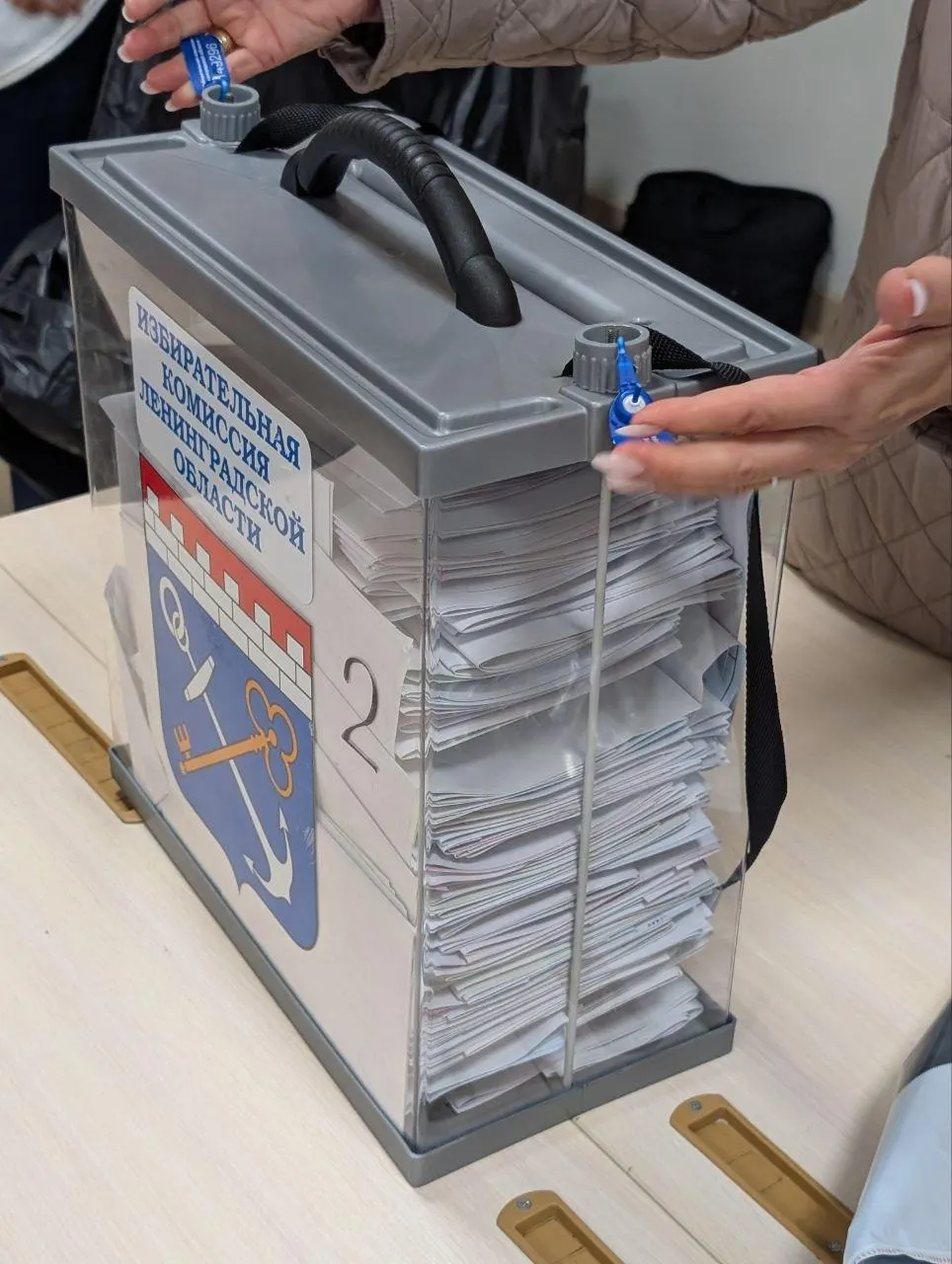 Наблюдатель сообщил о 460 заявлениях на голосование на дому на участке, бюллетени выданы 440 избирателям; фото вызывают вопросы из-за ровных стопок бюллетеней.